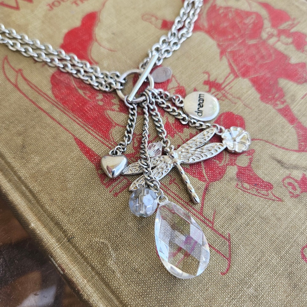 Cookie Lee Silver Tone Dragonfly Dream Heart Crystal Charm Necklace Toggle Clasp